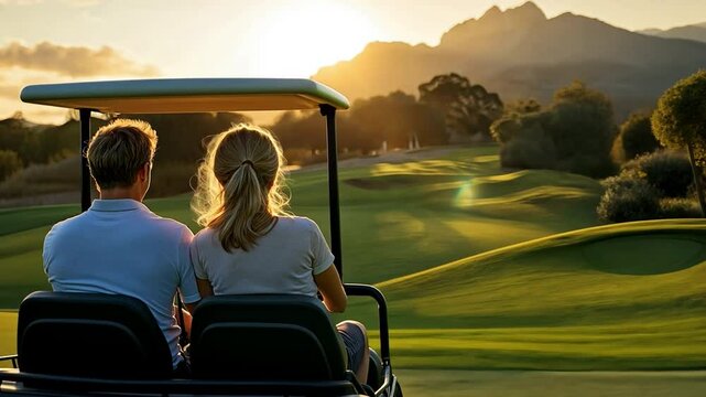 couple enjoying a round of golf together while travelling in a buggy