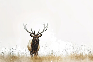 Artistic depiction of a majestic elk standing in a meadow, blending realism and abstract splashes, highlighting its grandeur and natural beauty. Wildlife Animals.