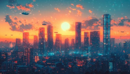 Futuristic Cityscape with Flying Vehicles at Sunset