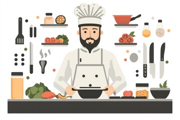 Professional chef in a modern kitchen surrounded by cooking ingredients and utensils