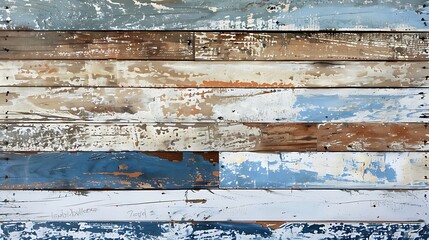 Aged wood plank pattern with chipped blue beige brown and white paint