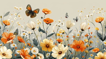 Vintage cottagecore background with flowers and butterflies. Floral vector seamless pattern. Trendy retro aesthetic background. Light limited palette seamless print