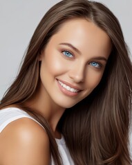 Naklejka premium beautiful woman blue eyes, dark brown thick smooth straight shiny and silky hair, smiling, white t-shirt, white background professional photography in studio