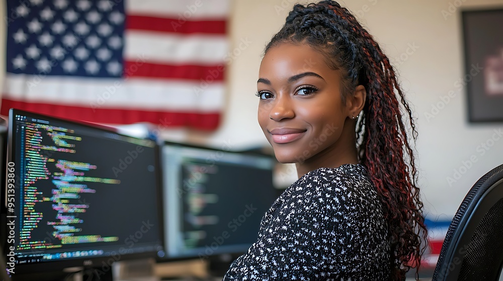 Poster a smiling black woman programmer codes with an american flag behind her, symbolizing progress and in