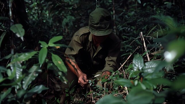 Straight view of Viet Cong fighter setting up booby trap along jungle trail fighter's face show concentration skill prepares deadly device dense foliage dark shadow add sense of danger