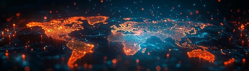 Obraz premium A close-up of a holographic map displaying global marketing routes and logistics data, highlighting the seamless coordination of technology-driven campaigns