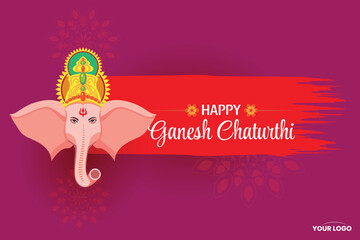 Ganesh Chaturthi Greeting with Ganesha Illustration on Purple and Red Background