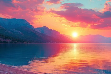 Fototapeta premium Mountainous Coastal Sunset Over Tranquil Water