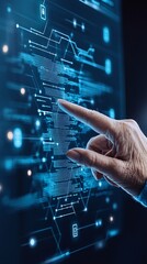 A hand pointing at a blue screen with a lot of lines and dots