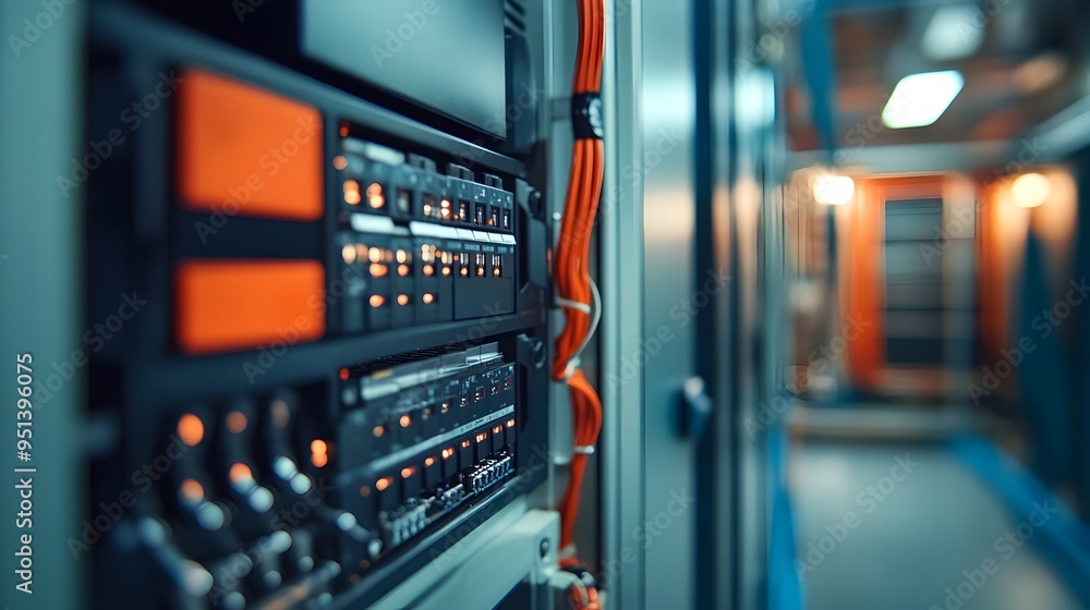 Poster compact and efficient power supply unit installed in a modern data center facility providing critica