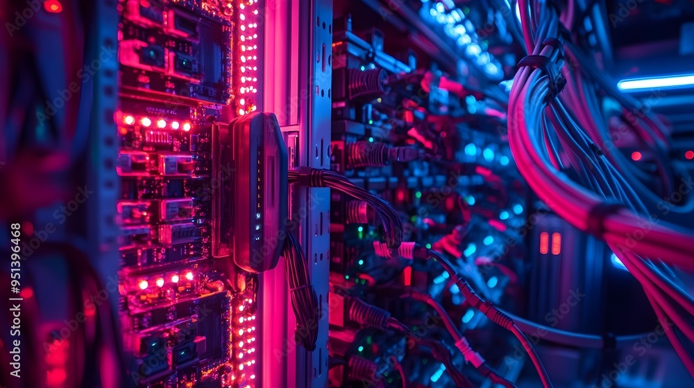 Poster intricate web of power cables and connectors inside a data center providing the essential infrastruc