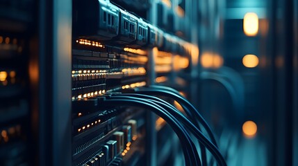Naklejka premium Interconnected power cables wires and connectors inside a state of the art data center showcasing the complex infrastructure that powers digital networks and communications