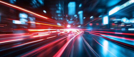 Time-lapse motion abstract of urban city street at night with bright red and blue lights creating dynamic speed and futuristic effect.