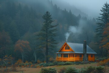 a house in the woods, trees and snow.