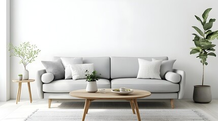 Chic and Minimalist Living Room with Scandinavian Flair on a Clean White Background