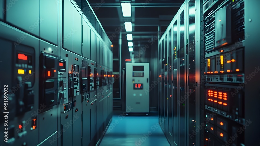 Poster detailed view of a power supply control panel in a modern large scale data center the panel features