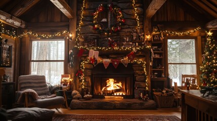 Cozy Christmas Cabin Interior with Fireplace and Ornaments