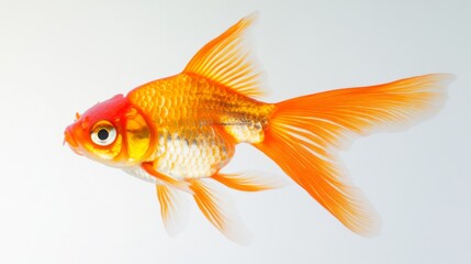 A top-down view of a goldfish swimming calmly in clear water, with a white background highlighting the delicate details of its fins and scales.