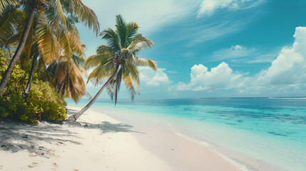 Beautiful outdoor view ocean and beach with tropical coconut palm tree at sunrise time ai generative..