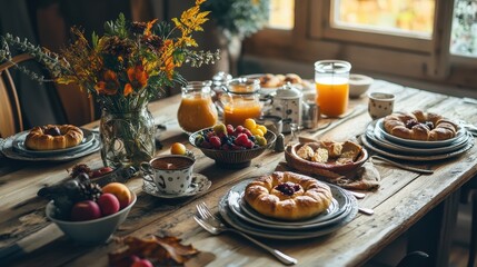 Cozy Autumn Breakfast Spread on Rustic Wooden Table