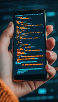 A close-up of a hand holding a smartphone displaying colorful code, symbolizing programming and technology innovation.