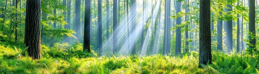 Fototapeta premium Radiant morning sunlight in lush forest, Radiant forest sunlight, Invigorating and bright morning