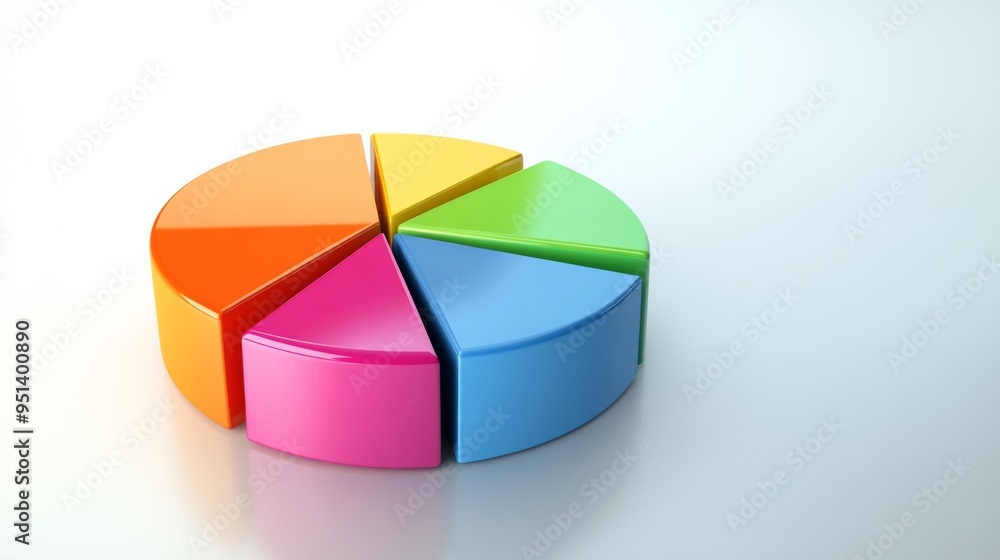 Poster a vibrant 3d pie chart with colorful segments floating above a reflective surface, symbolizing data 