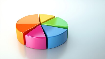 Obraz premium A vibrant 3D pie chart with colorful segments floating above a reflective surface, symbolizing data analysis and business insights, with a minimalist white background.