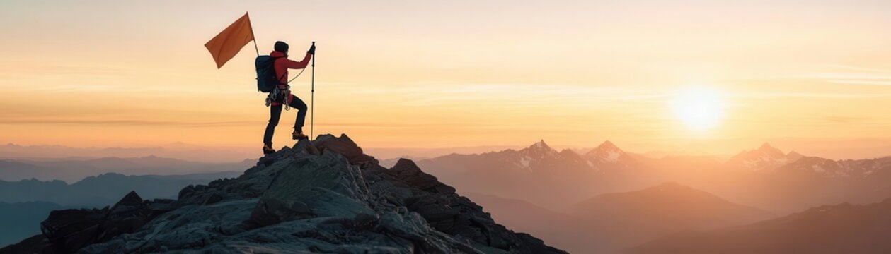 A climber planting a flag at the mountain's peak, capturing the victorious moment of reaching the final goal