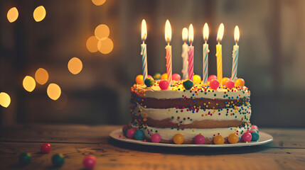 Birthday Cake with Candles. A beautifully decorated birthday cake with lit candles on pink pastel background with copy space, light pastel colors ai generative..