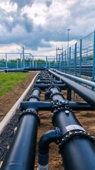 Obraz premium Urban infrastructure incorporating biogas facilities with methane gas pipelines, highlighting integrated leak monitoring systems.