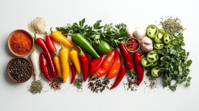 A vibrant display of various chili peppers, including jalap and serranos, along with an assortment of seasonings and herbs, arranged neatly on a white surface.