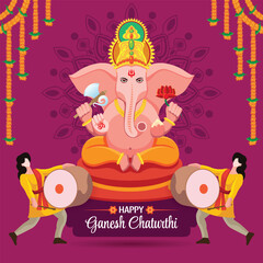 Naklejka premium Ganesh Chaturthi Illustration with Lord Ganesha, Dhol Players, and Mandala Background