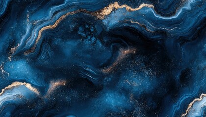 Abstract dark blue and gold marble background with swirling patterns and textures, perfect for modern designs and artistic inspirations.