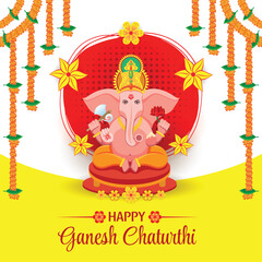 Happy Ganesh Chaturthi Illustration with Ganesha and Decorative Floral Elements