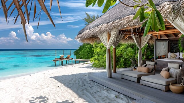An exotic beachfront cabana with the backdrop of the azure sea