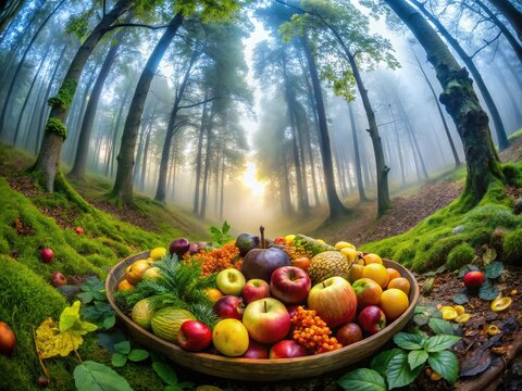 Misty forest veils a soft illumination, as nostalgic solanaceous fruits emerge into a fish-eye view, suspended in serene tranquility.