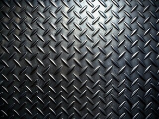 Metallic black diamond plate textured surface with raised diamond-shaped patterns and a reflective sheen, ideal for industrial, mechanical, or automotive design backgrounds.
