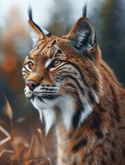 Obraz premium Majestic Bobcat, Lynx rufus, close up with detailed fur in a forest landscape