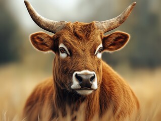 Close up portrait of a Banteng with horns in the savanna with golden tones