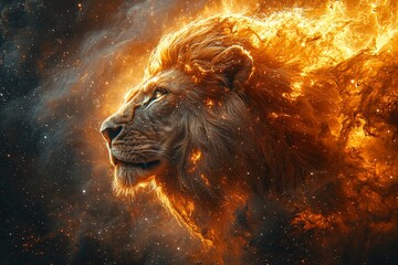 Naklejka premium A stunning cosmic lion with fiery mane, perfect for Halloween themed designs, events, and promotions. Ideal for Halloween with copy space.