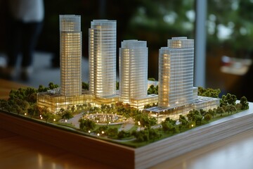 Fototapeta premium Modern Urban Skyscraper Complex Scale Model with Glass Towers, Green Spaces, and LED Lighting