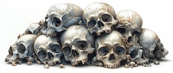 A stacked pile of human skulls on a white background, perfect for Halloween-themed decorations, horror concepts, and spooky designs with copy space.