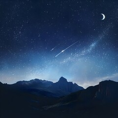 Fototapeta premium Dreamy Night Sky with Shooting Stars and Crescent Moon Magical Astronomical Vista