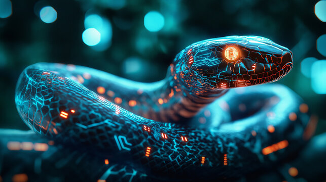 A digital snake symbolizing Python automation, surrounded by code and data streams.