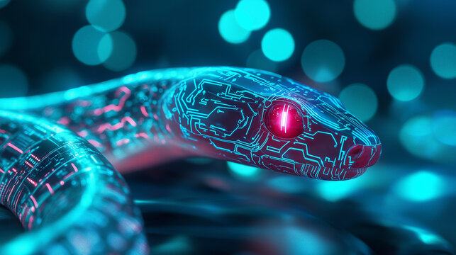 A digital snake symbolizing Python automation, surrounded by code and data streams.