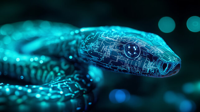 A digital snake symbolizing Python automation, surrounded by code and data streams.