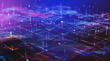 Glow blue futuristic digital technology landscape. Glow colourful particle background.