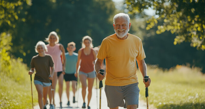 Elderly man and family doing nordic walking in park, all wearing sportswear, older person holding sticks or poles for support while moving outdoors