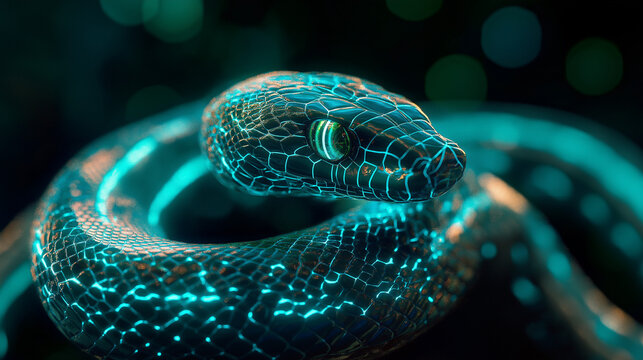 A digital snake symbolizing Python automation, surrounded by code and data streams.